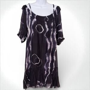 Baci Italian Silk Cold Shoulder Dress Size M Eggplant Purple Tie Dye Ruffle Hem